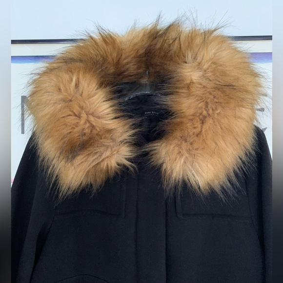 Zara black ‘wool’ jkt with brown faux fur hood (removable) gold zips size L - Picture 3 of 15